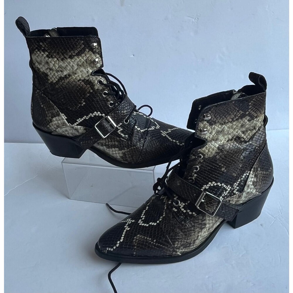 AllSaints Snake Print Ankle Boots Size 40 Pointed Toe Lace Up Buckle Heel